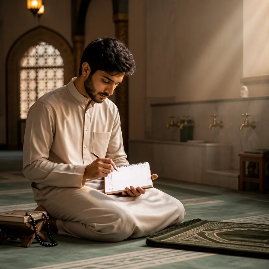 A calm mosque setting with a simple prayer checklist and learning materials, representing step-by-step onboarding.