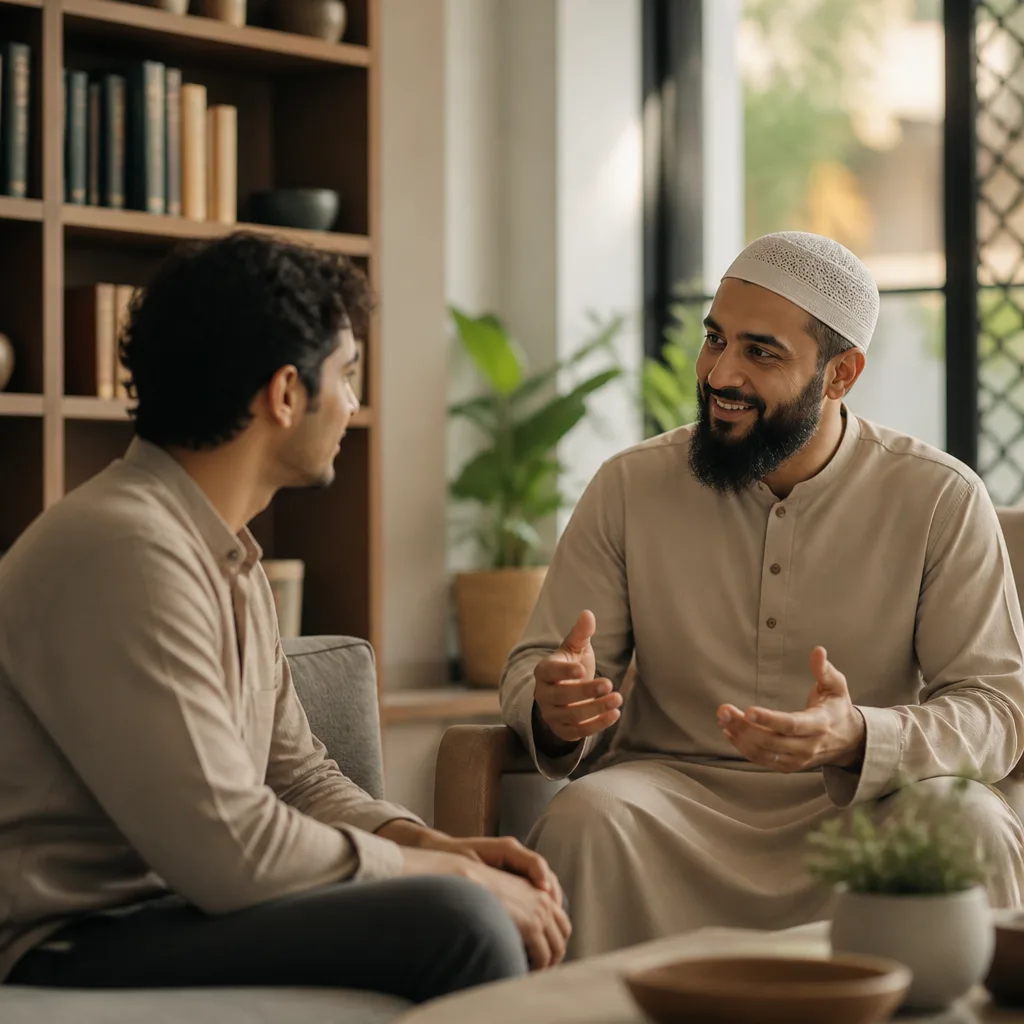 A welcoming mentor helping a new Muslim get connected and feel supported