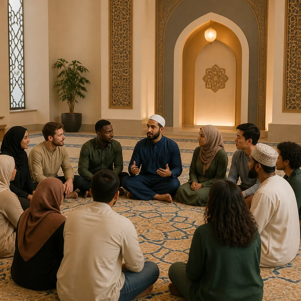 People gathered in a warm, welcoming community circle for learning and belonging.