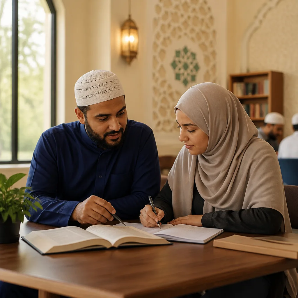A supportive mentor guiding a spouse during new Muslim onboarding.