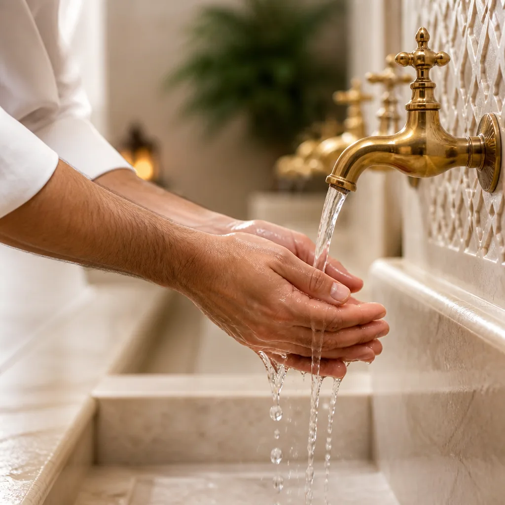 Close-up view of hands preparing for Wudu in a mosque setting.