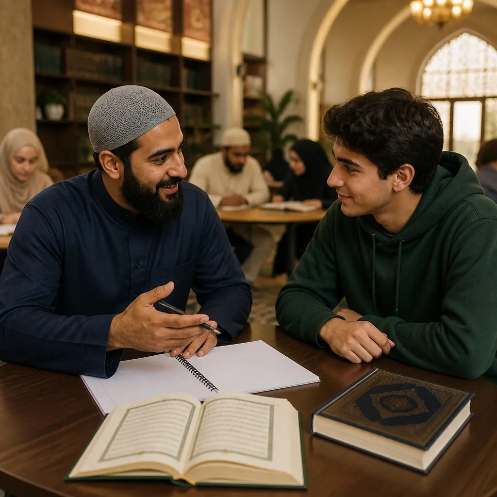 Volunteer and new Muslim learning together in a calm mosque study space