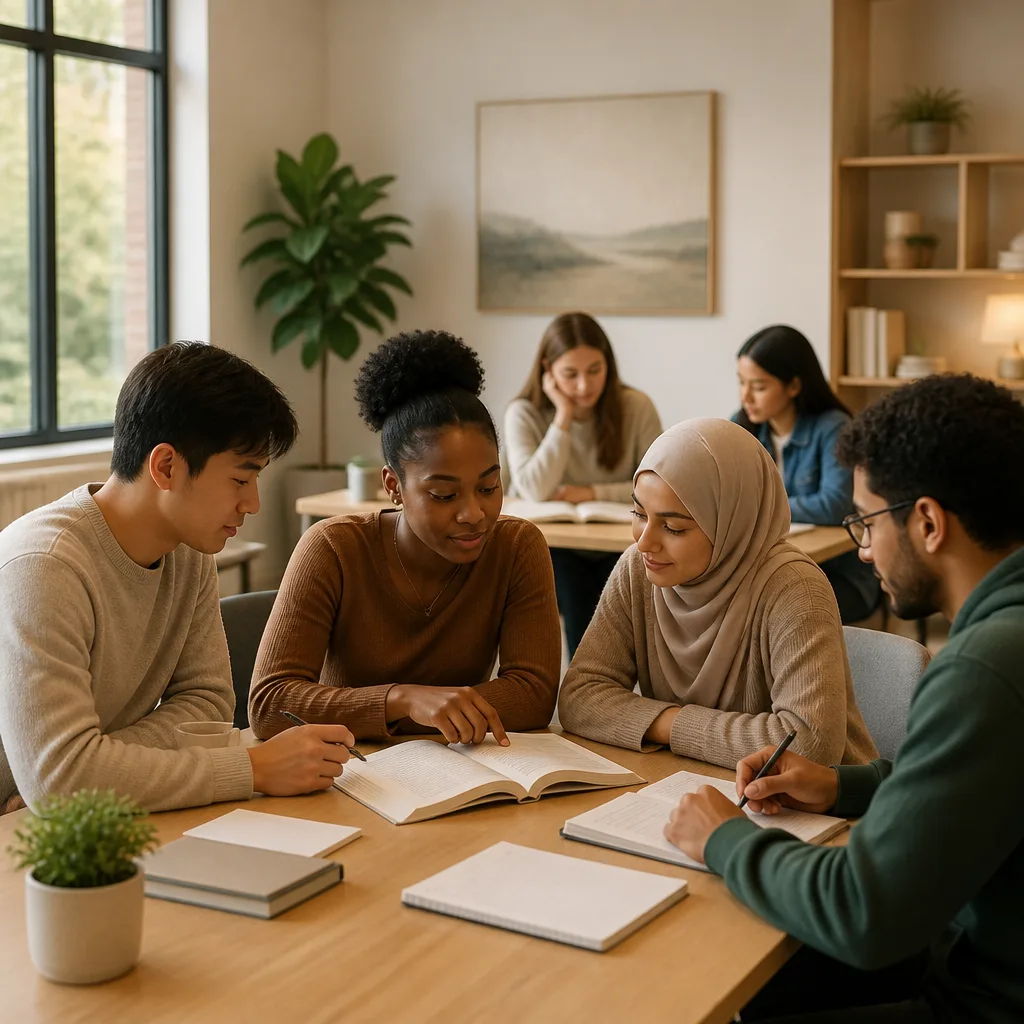 Young adults studying beginner lessons in a peaceful community classroom