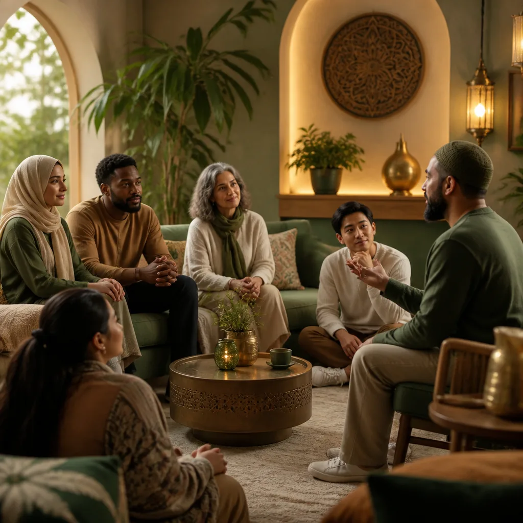 People sharing supportive guidance in a welcoming community lounge