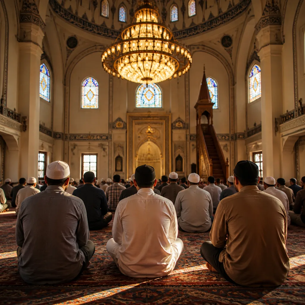 Peaceful mosque interior with soft natural light