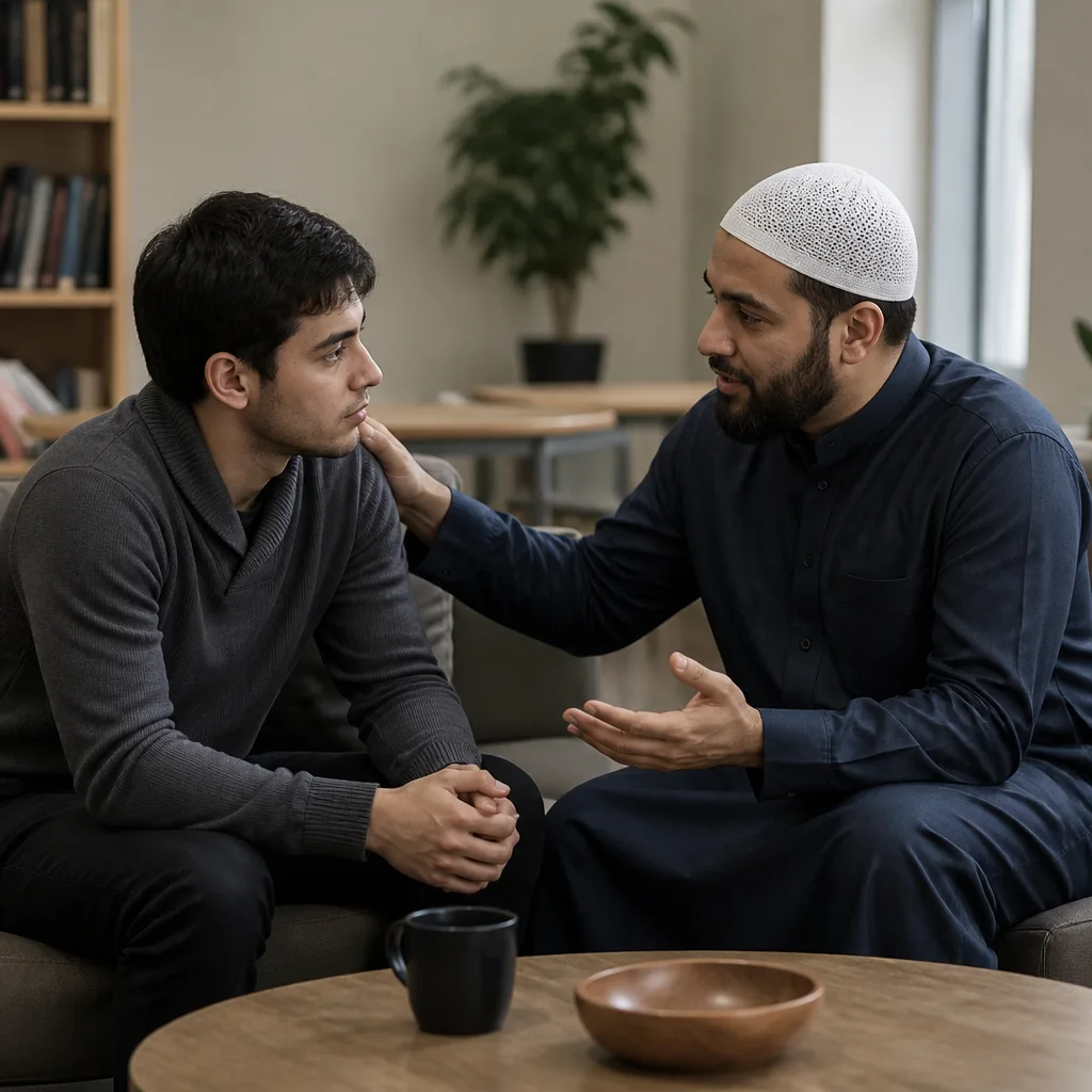 A volunteer and a new Muslim having a supportive conversation in a quiet lounge