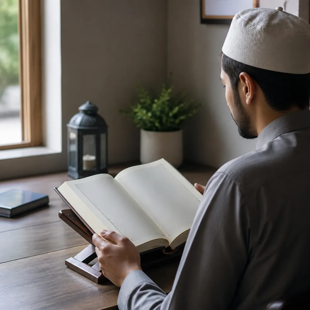 A person reading a blank-page book at a desk with natural light
