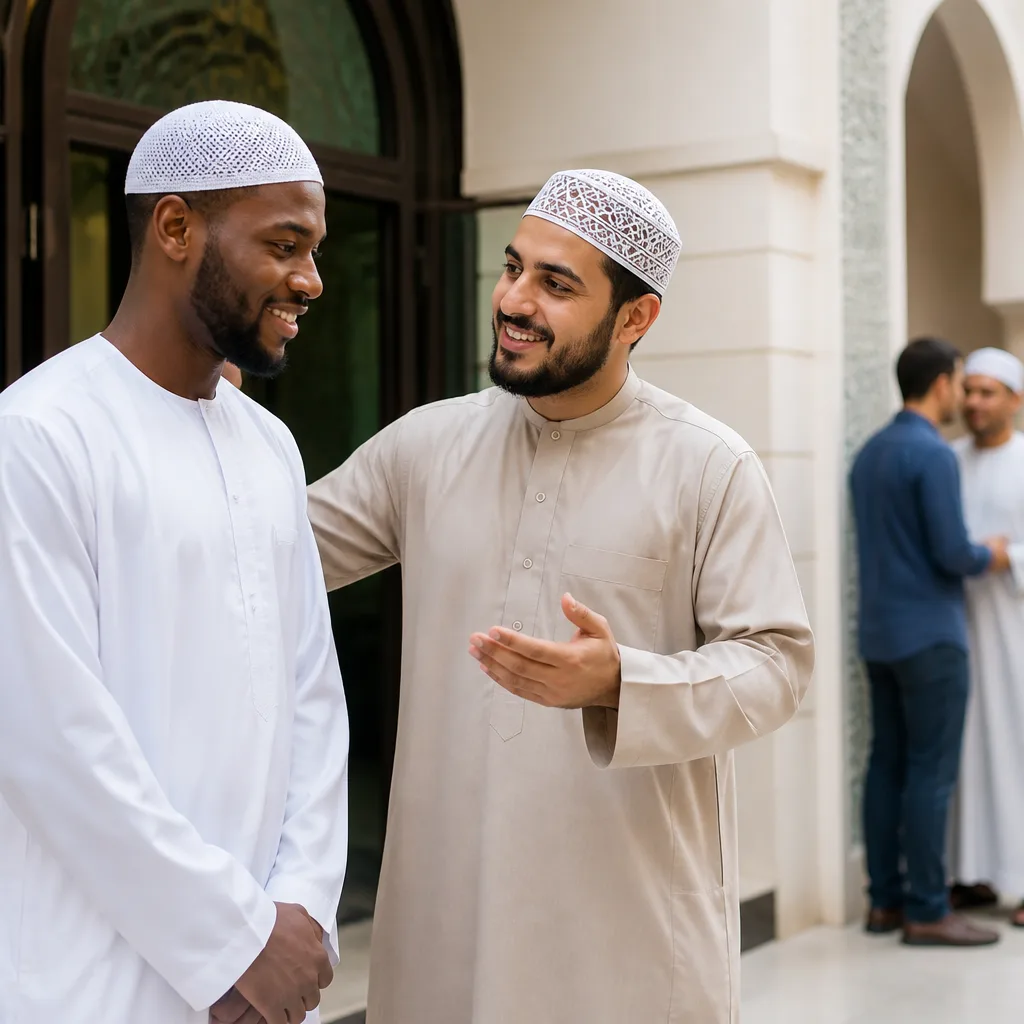 A person in modest attire receiving guidance in a calm community setting near a mosque entrance