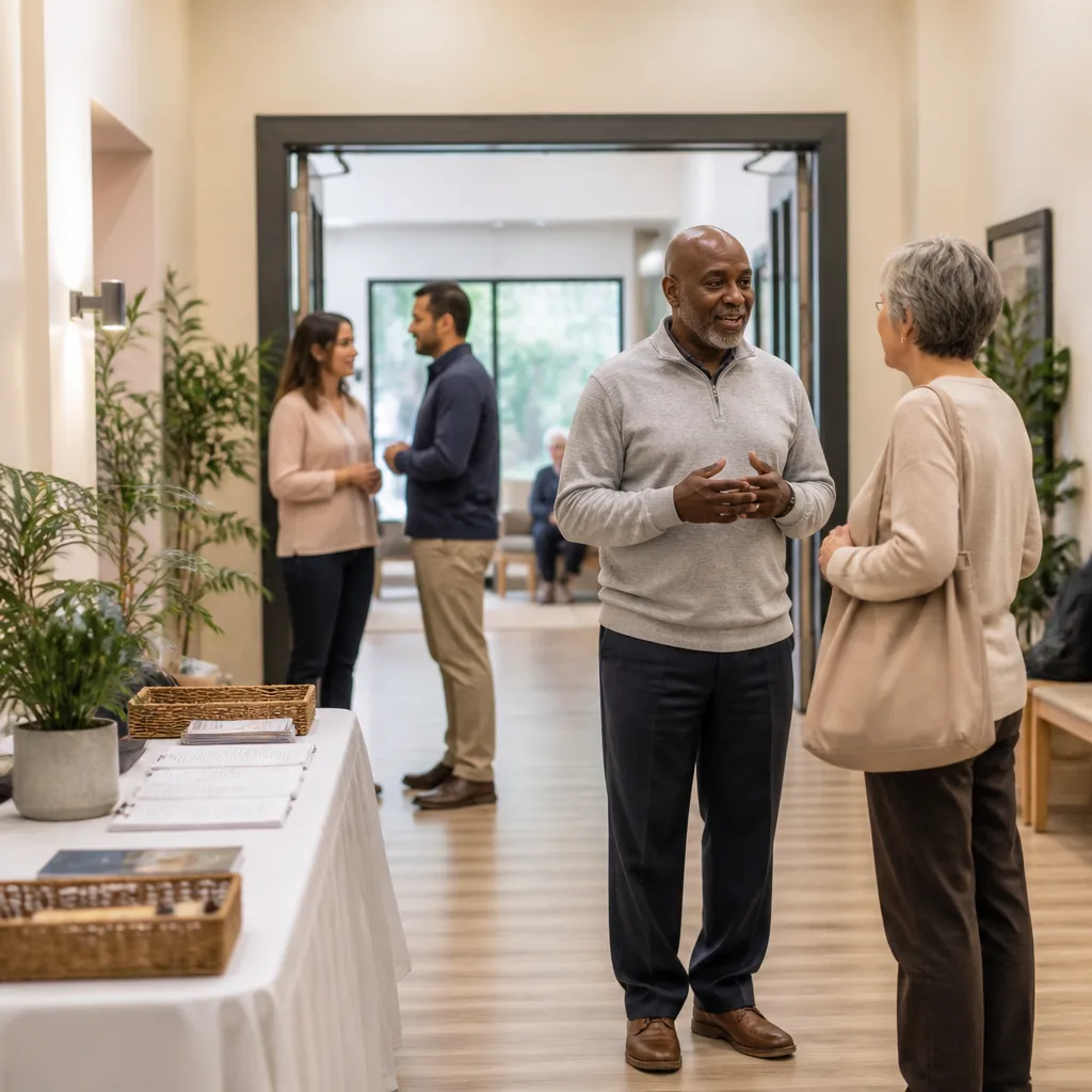A welcoming community center setting with respectful conversation