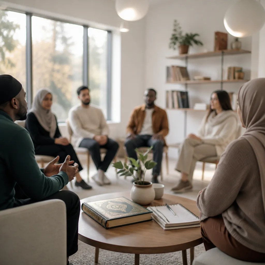 People learning together in a welcoming community space with a Quran and notes
