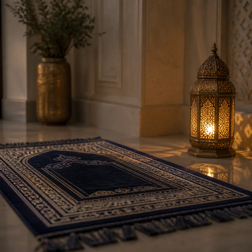 A prayer mat and warm light representing worship and devotion