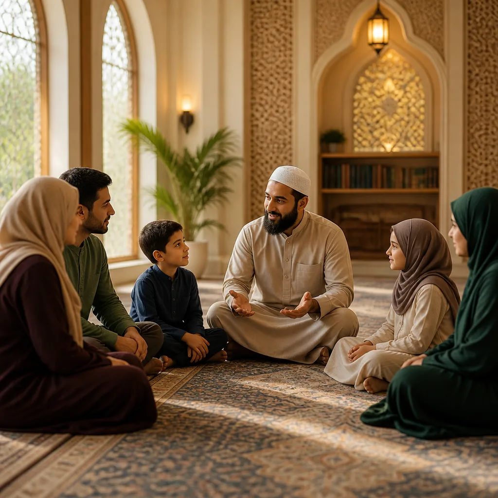 A family and mentor in a welcoming community learning space.