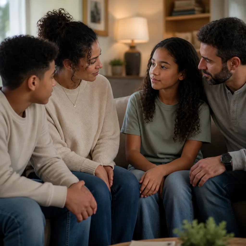 Family support conversation in a calm living room setting.