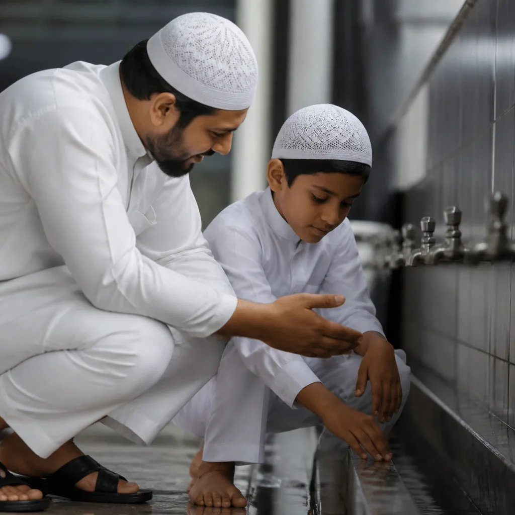 Mentor guiding a learner near a wudu area