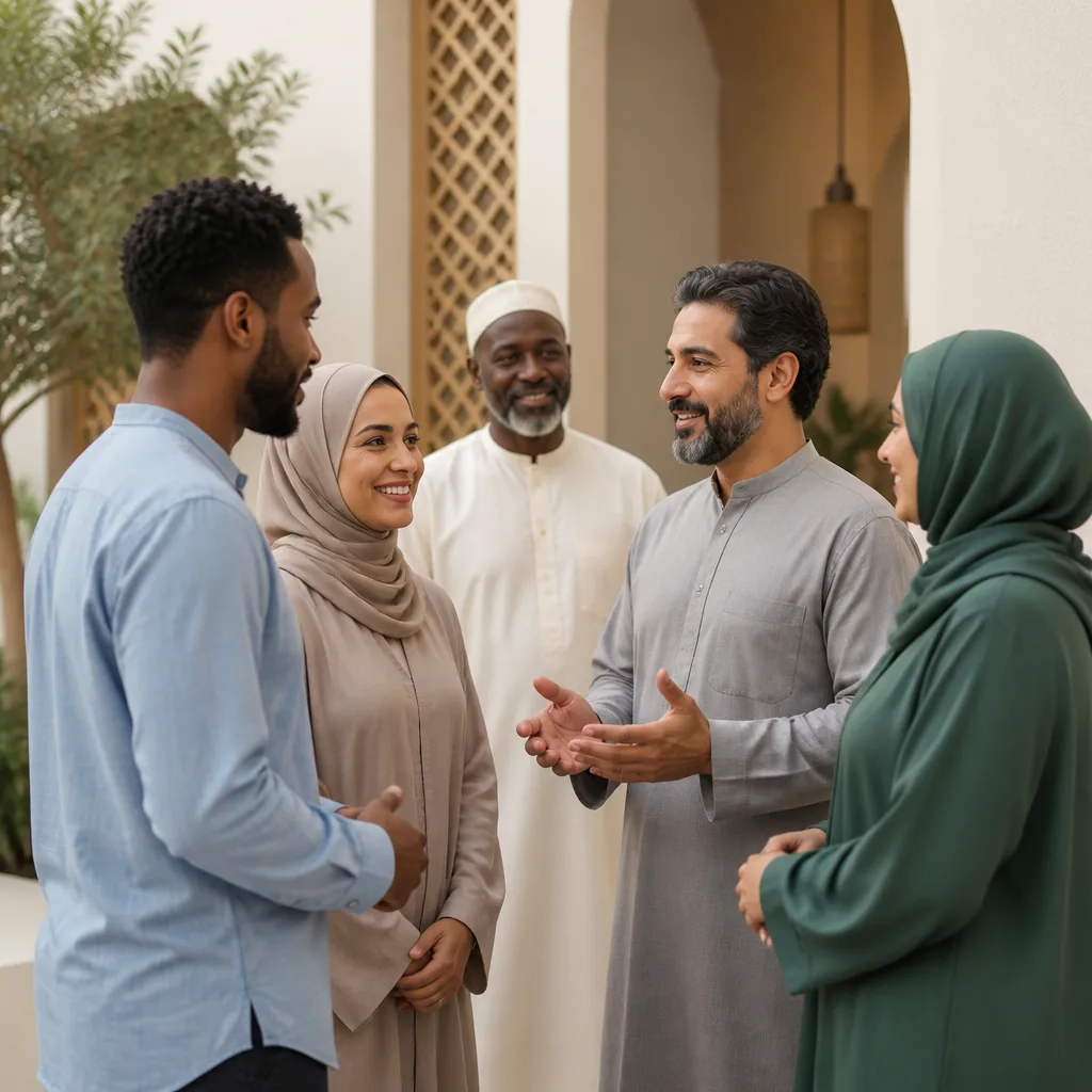 People welcoming newcomers in a bright community entrance