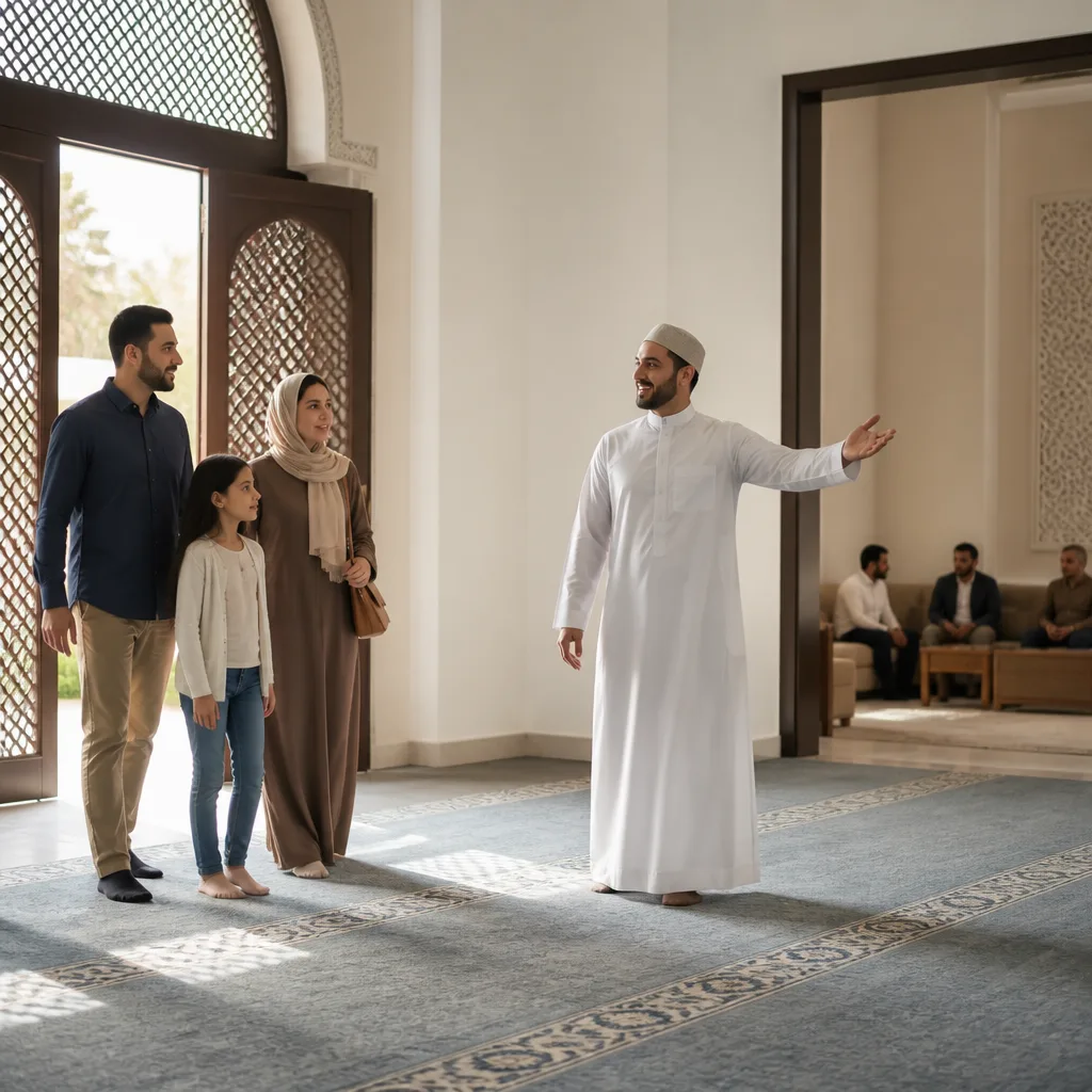New visitors arriving with a welcoming guide inside a prayer space