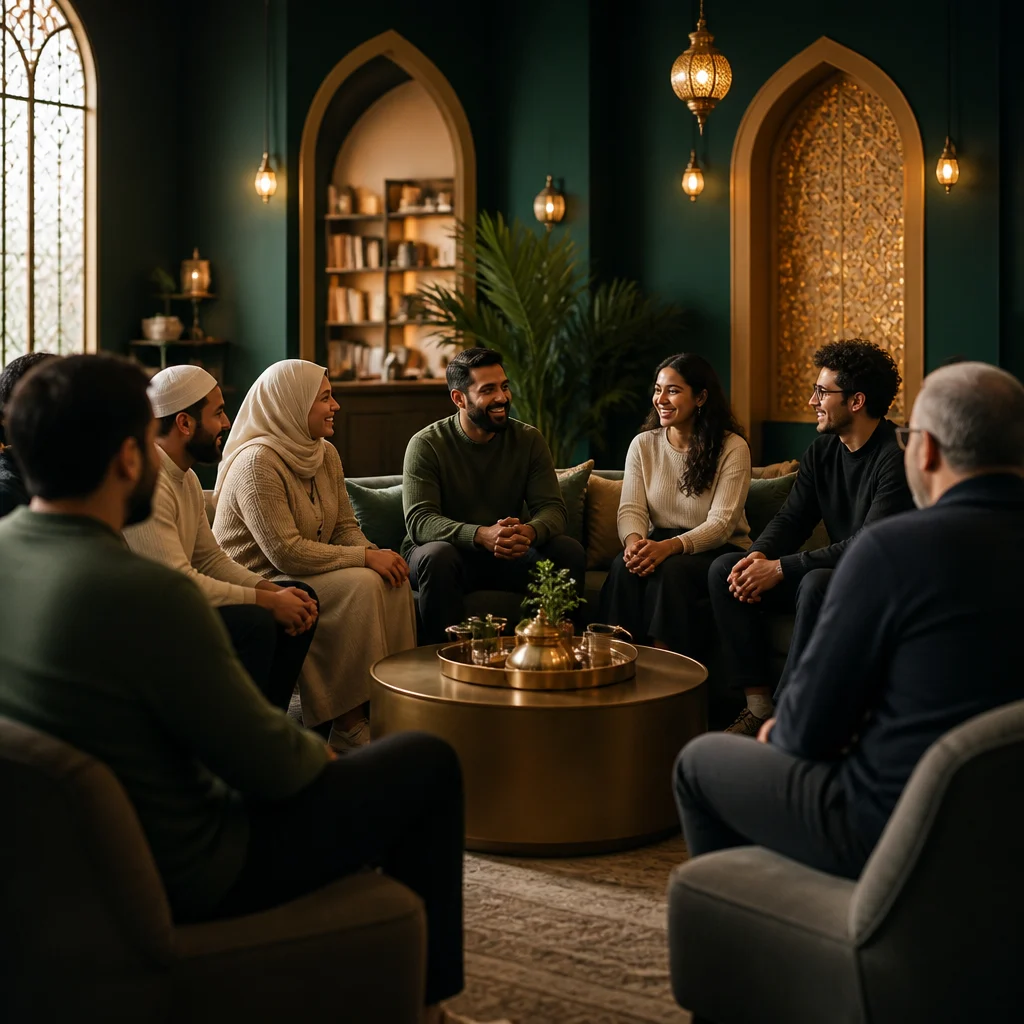 A welcoming community gathering in a comfortable meeting space with warm light and deep green and gold accents, conveying belonging during early faith learning.