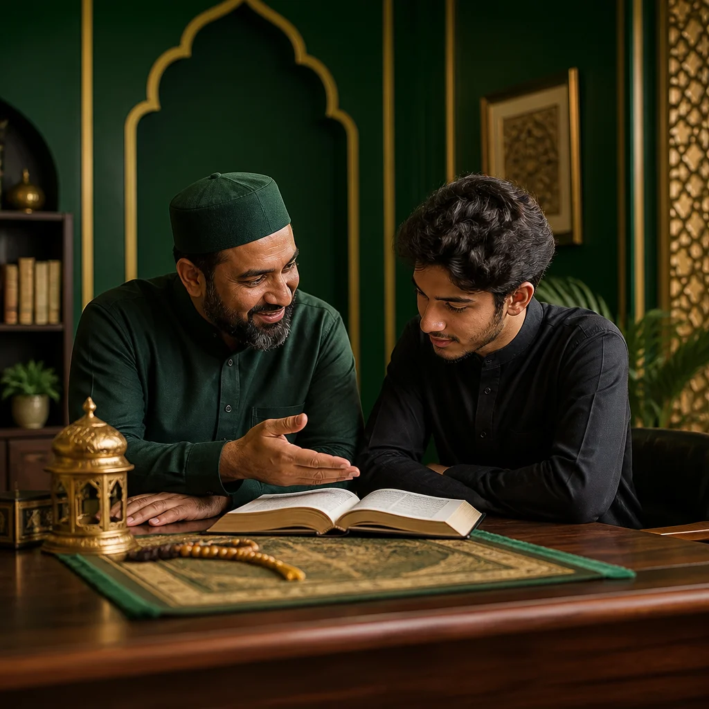 A calm one-on-one mentorship moment at a desk with an open book and prayer essentials, emphasizing caring guidance in deep green and gold tones.