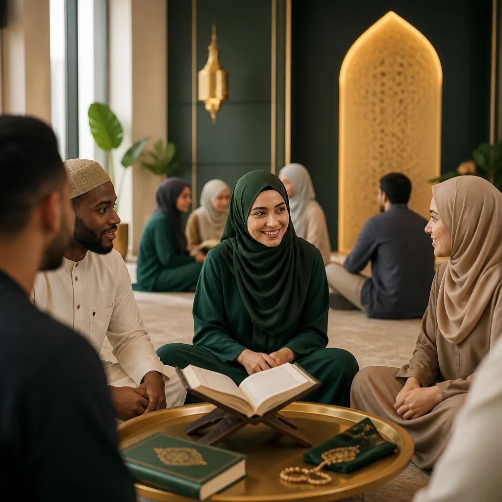 A warmly lit community learning setting with an open book and prayer essentials on a table, styled in deep green and gold tones that reflect AMCC’s supportive guidance for new learners.