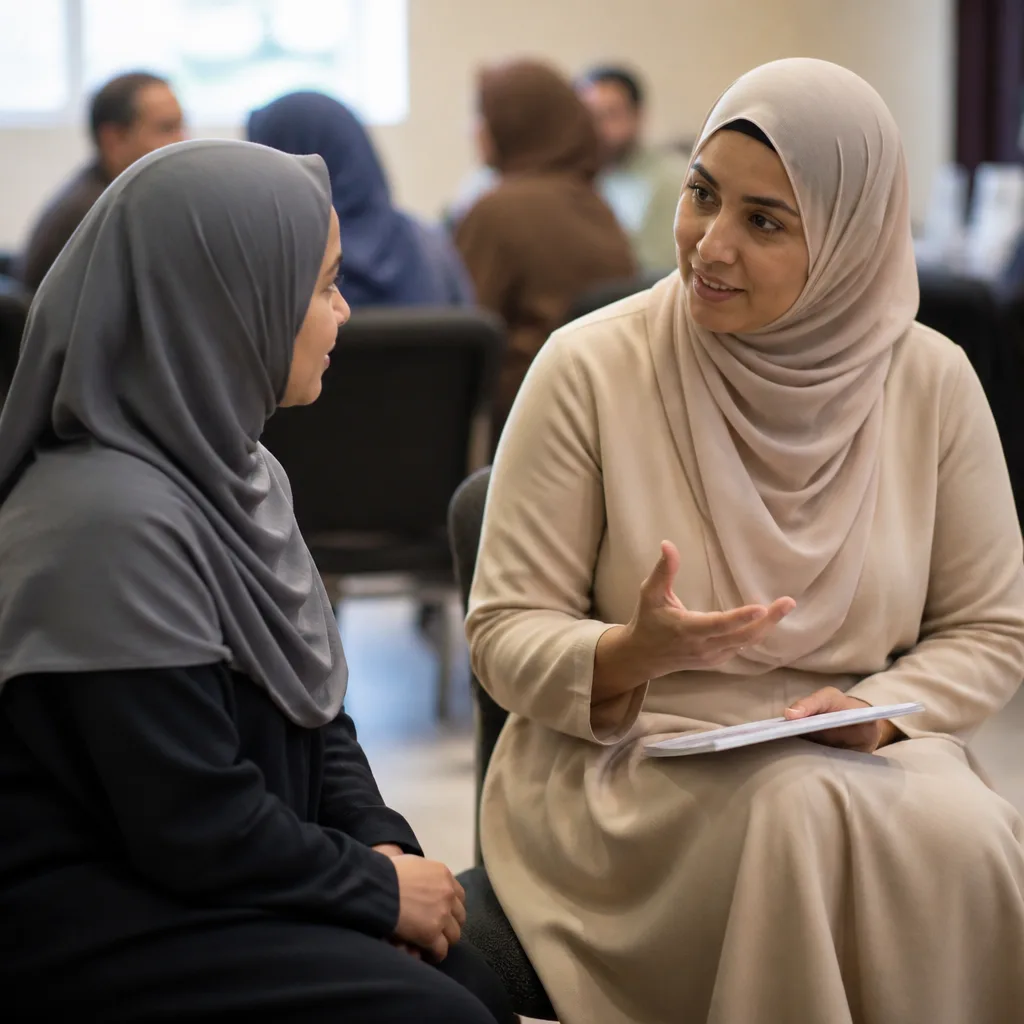 Mentor and new participant in a welcoming community room