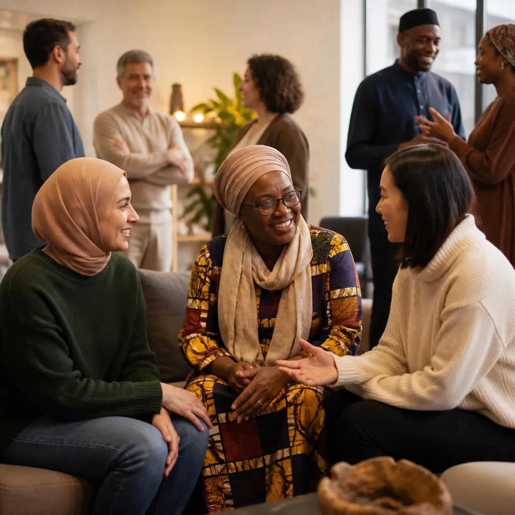 Welcoming community conversation in a calm indoor space