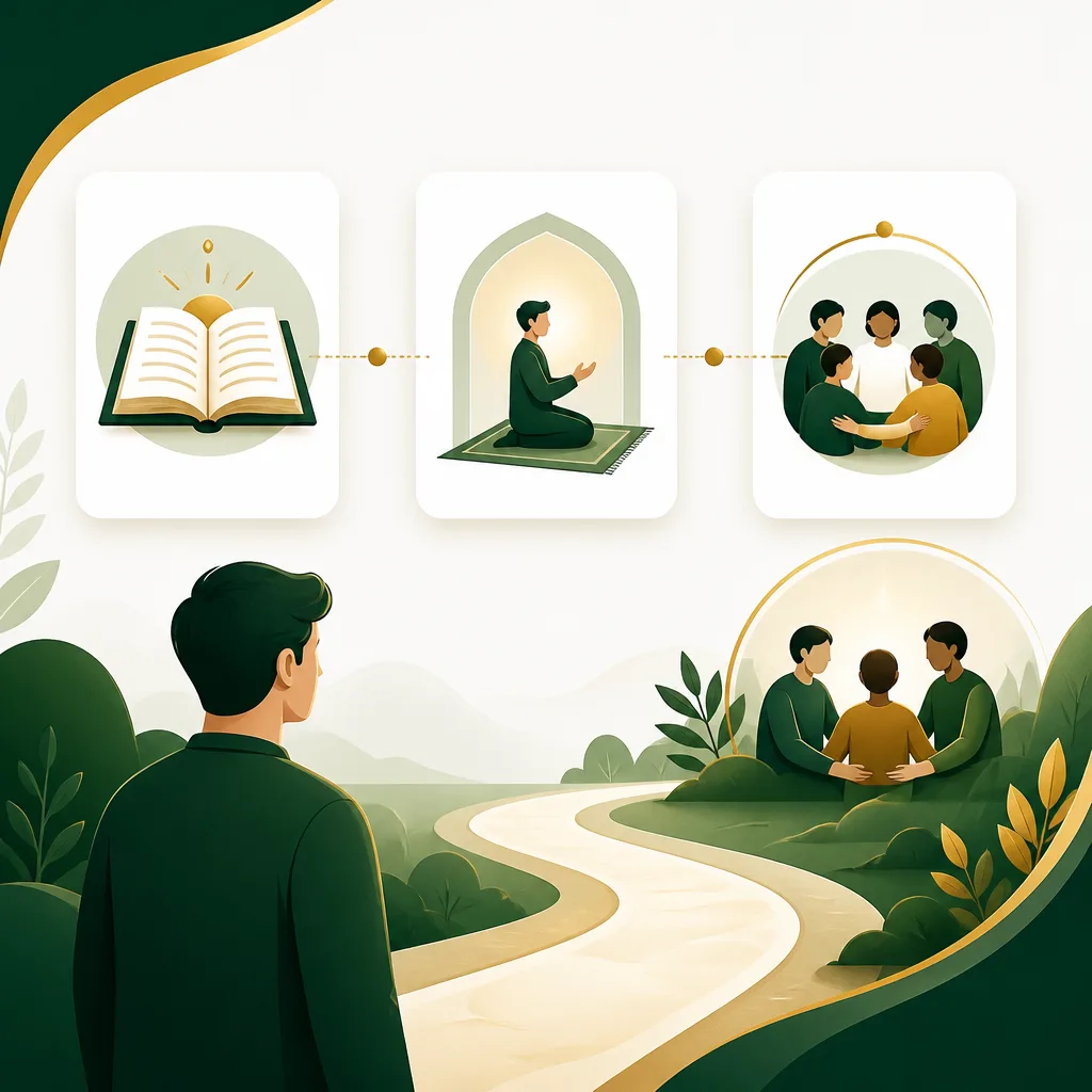 Illustration representing conversion questions answered with kind clarity and step-by-step guidance toward prayer foundations and support.