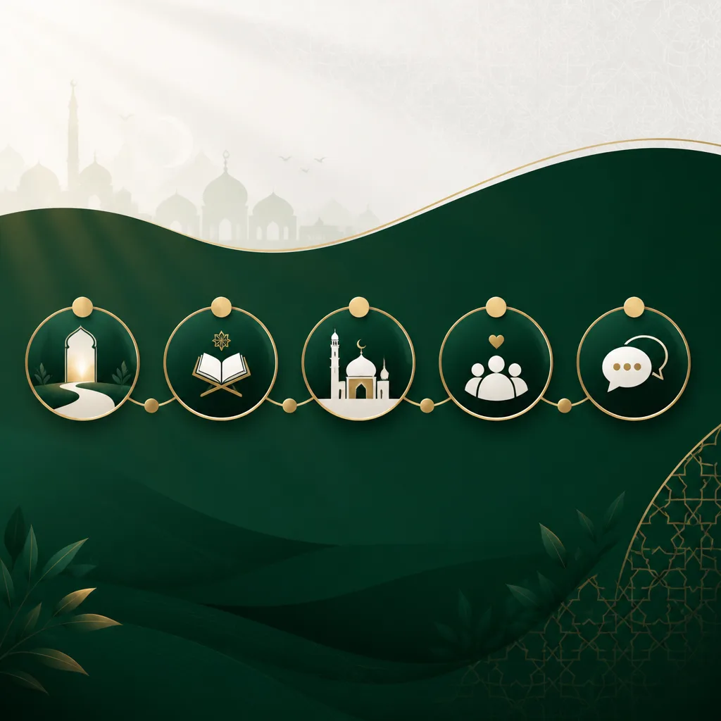 Illustration of a five-step journey for New Muslim 101: welcome, learning, masjid visit, community, and ongoing Q&A.