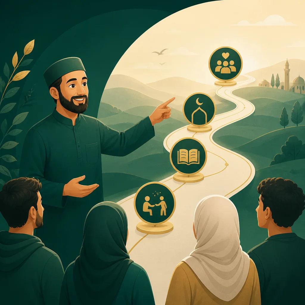 Illustration representing AMCC New Muslims support with personal guidance, prayer basics, and community connection.