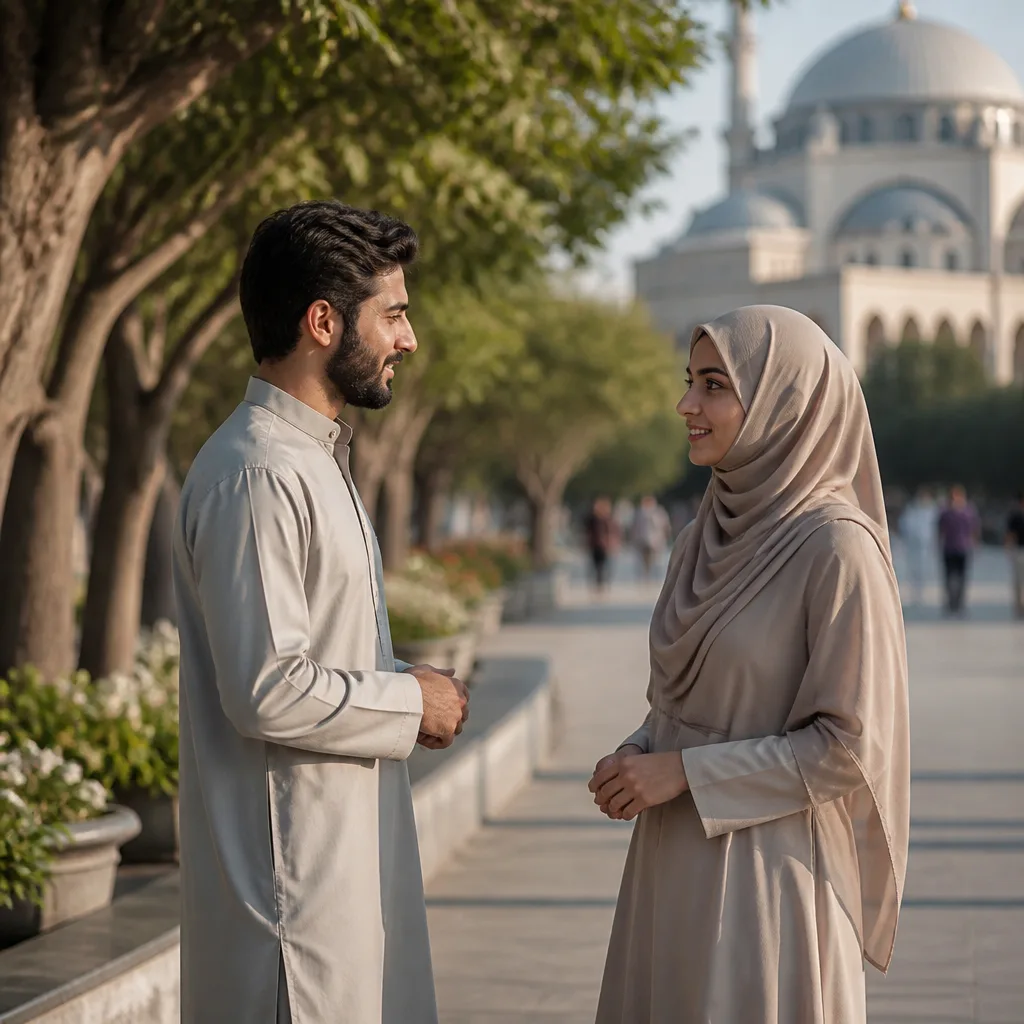 Couple in respectful conversation in a serene community setting