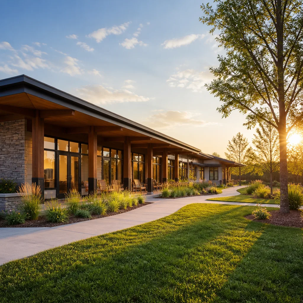 Welcoming community facility exterior at golden hour