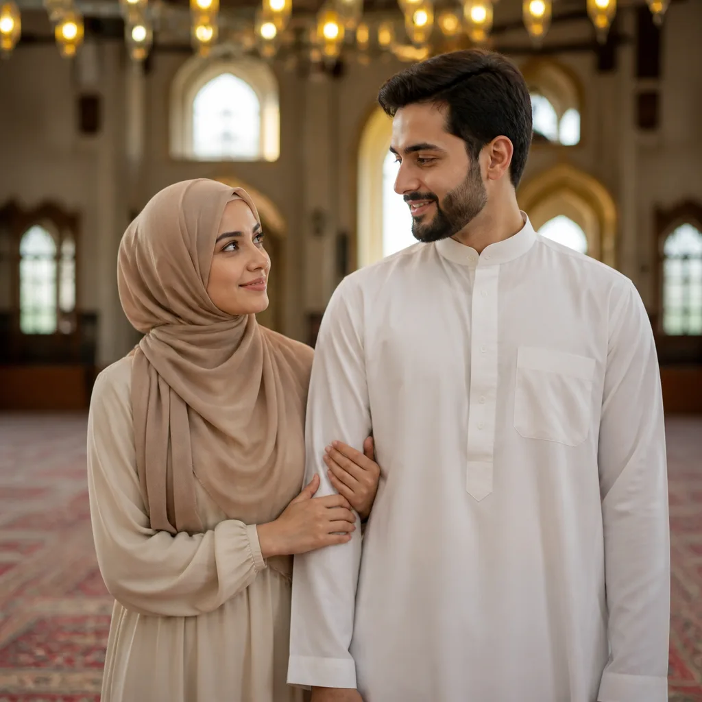 Couple standing together in a warmly lit mosque interior