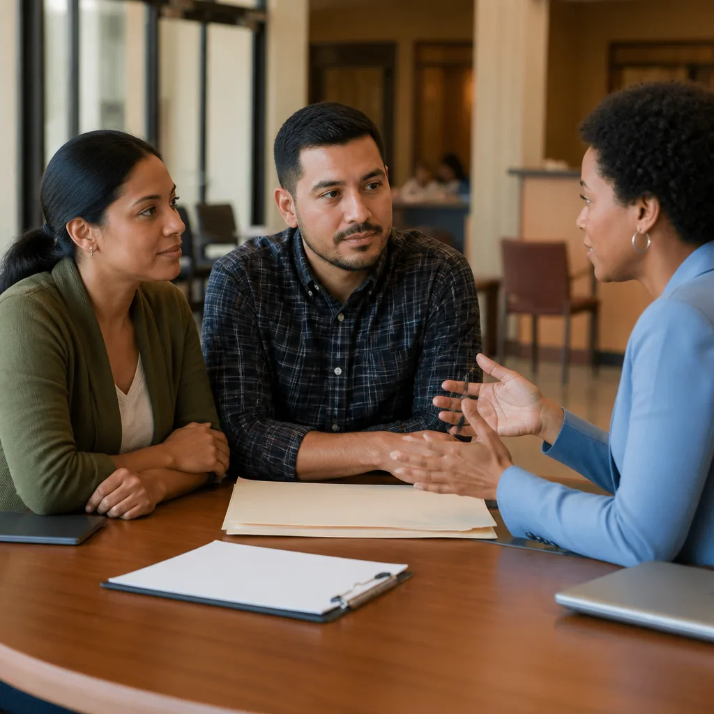 Couple reviewing blank documents with a community advisor