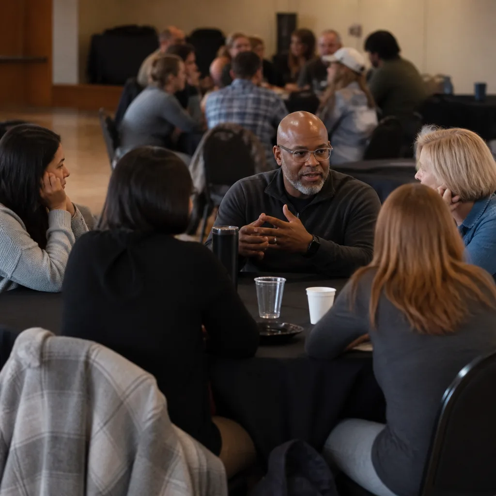 People collaborating in a community meeting setting