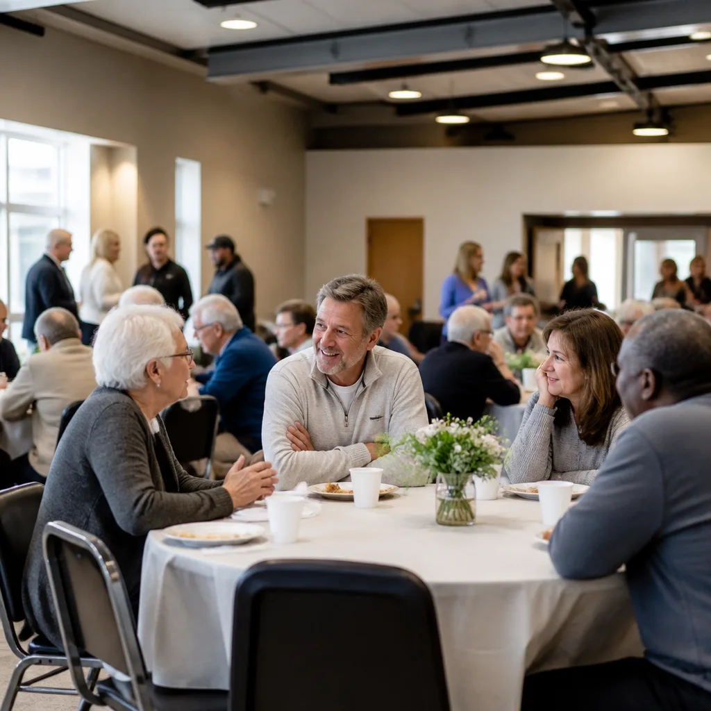 A community gathering scene inside a well-lit hall