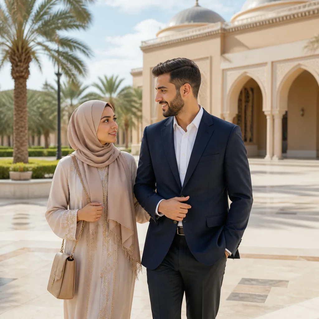 A calm couple in modest formal attire near a mosque courtyard