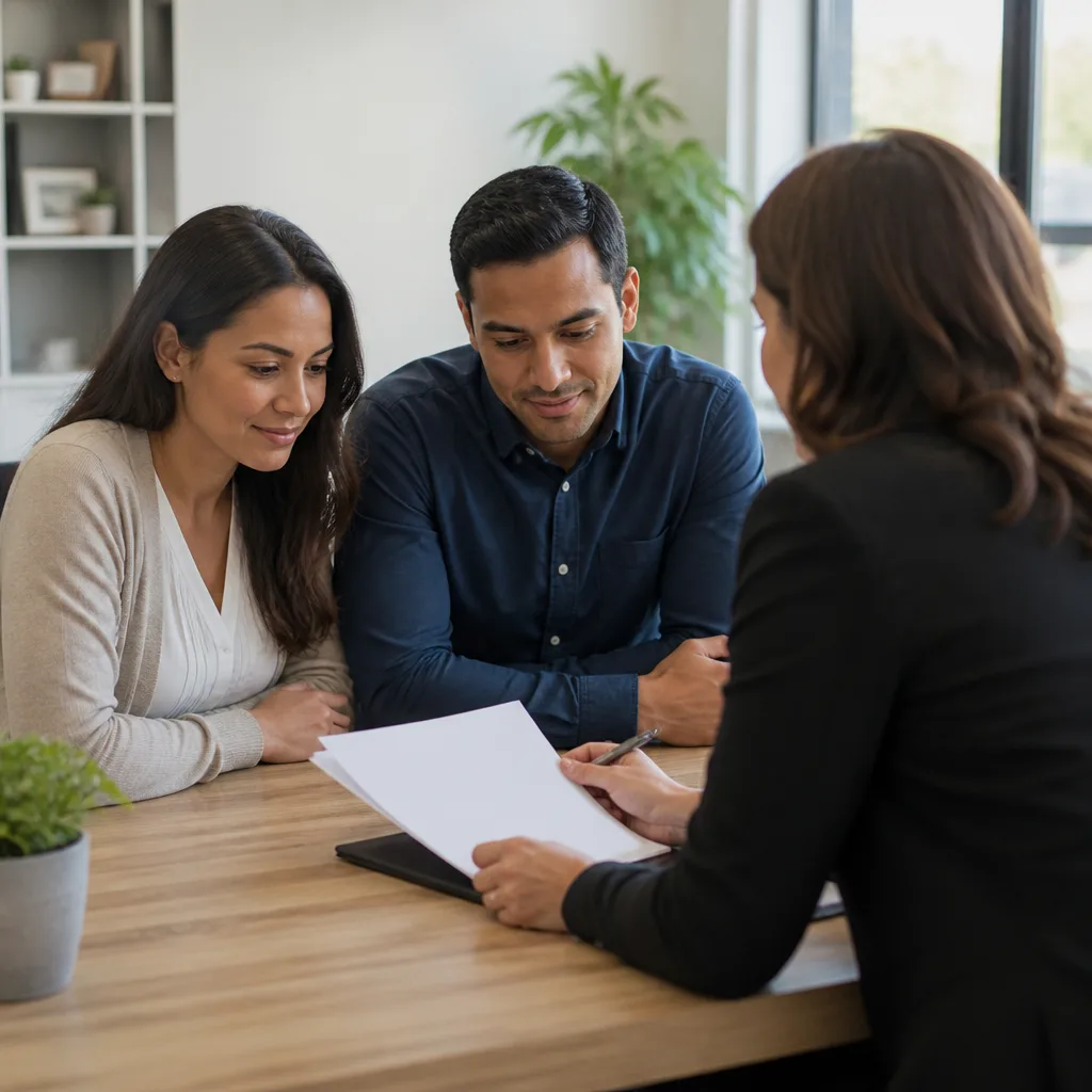Couple reviewing blank paperwork with an advisor in a community office