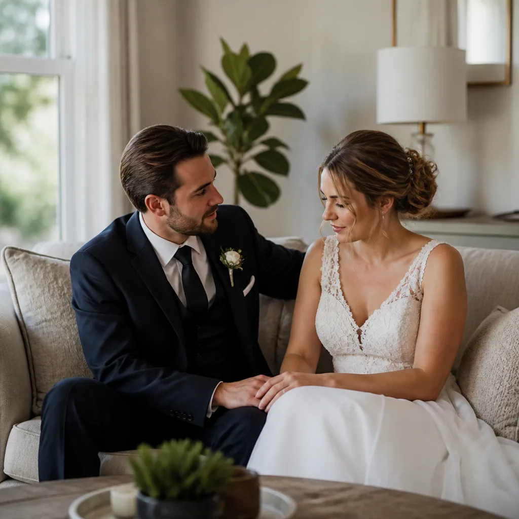 Newlyweds in a calm living room during supportive spiritual conversation
