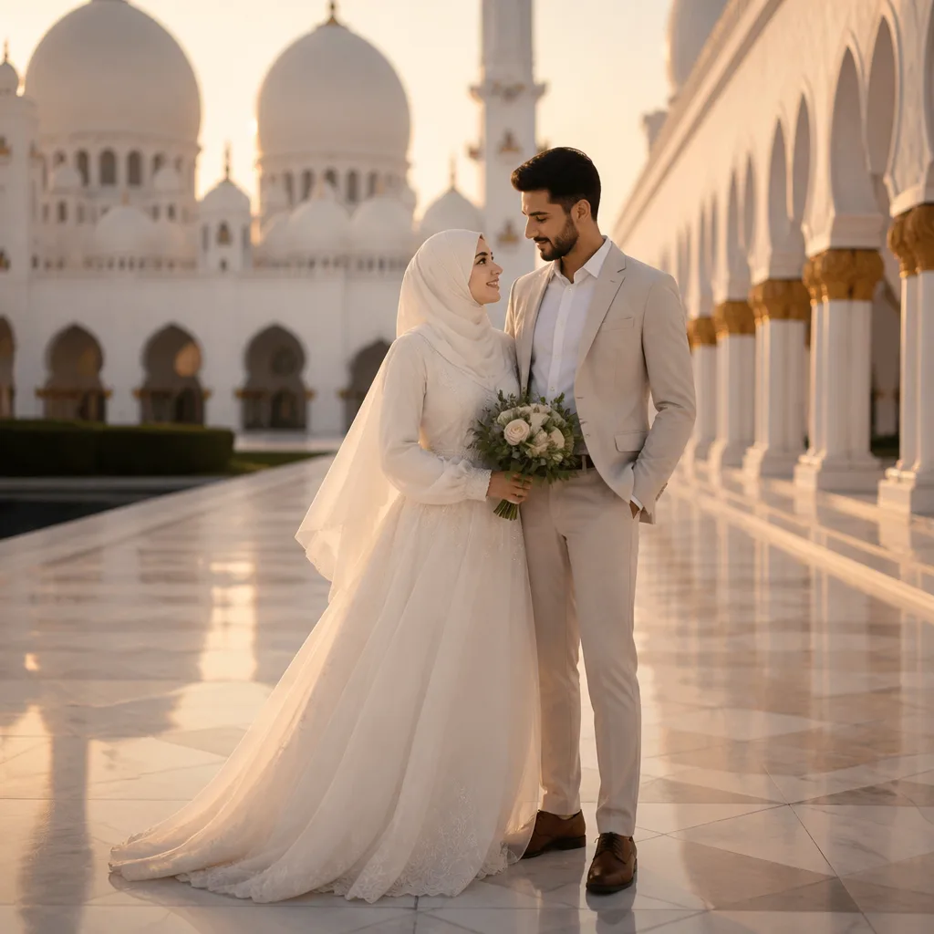 Newly married couple in a mosque courtyard at golden hour