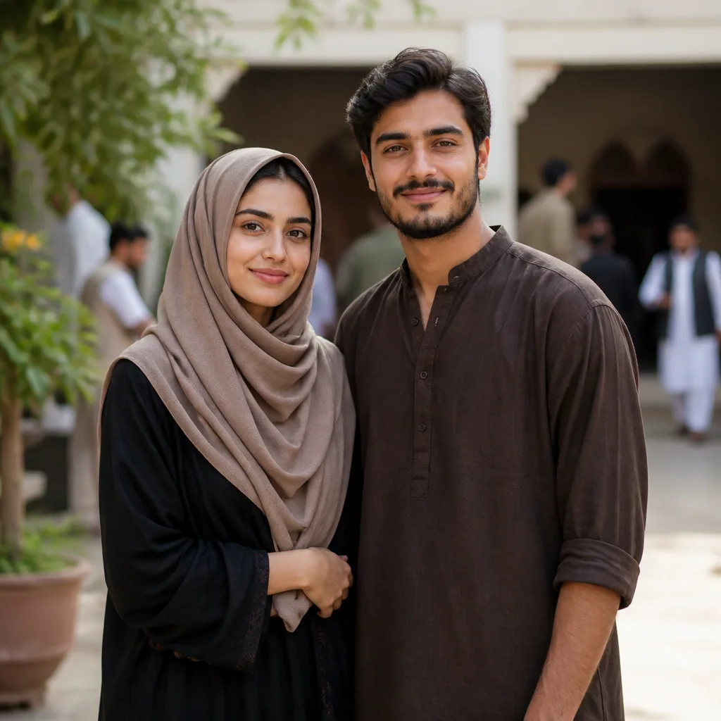 A modest couple in a calm, respectful indoor setting with warm natural light