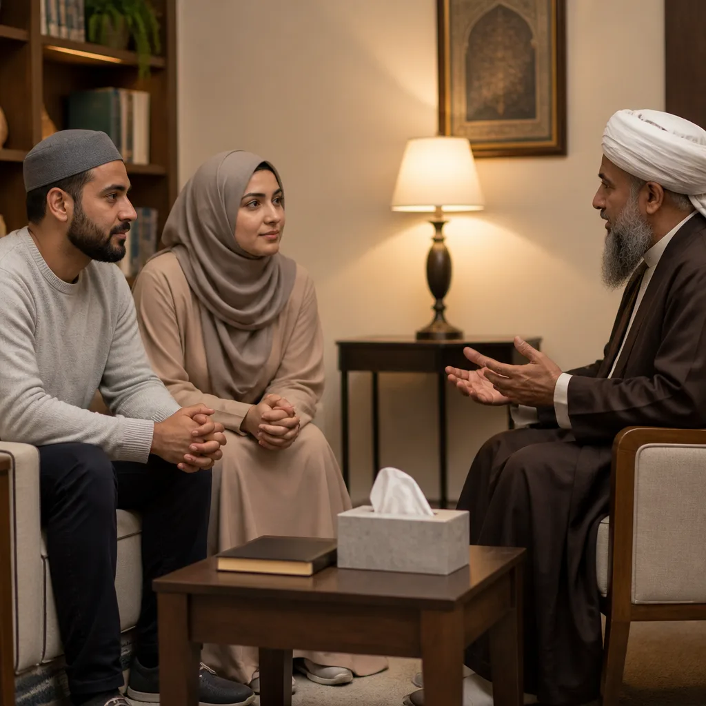 A couple having a private consultation with a counselor in a quiet room