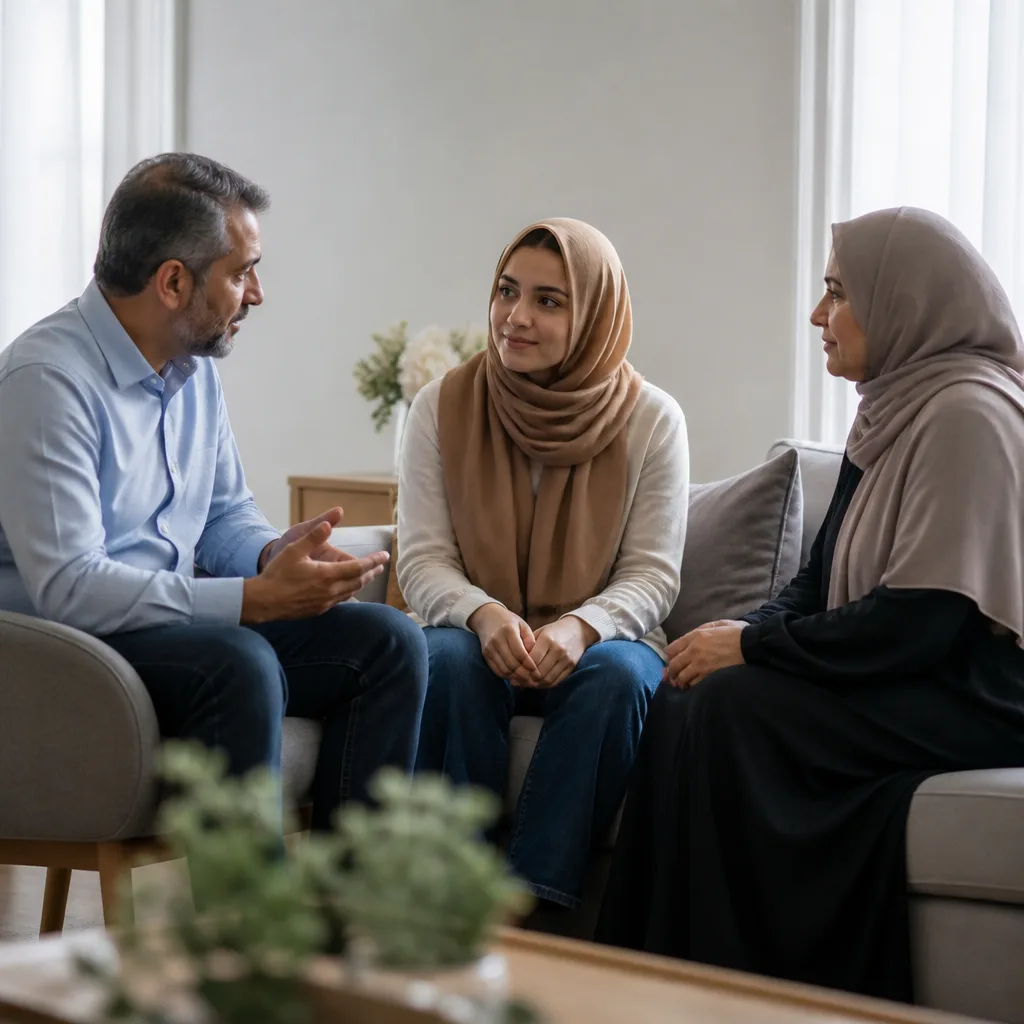 A respectful family conversation in a calm, home-like setting