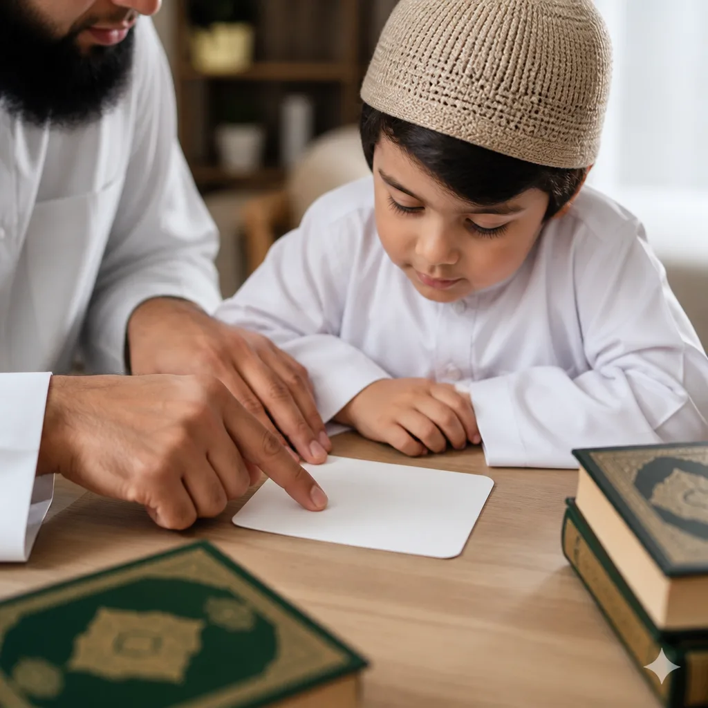 Child practicing Qur’an learning at a home study table