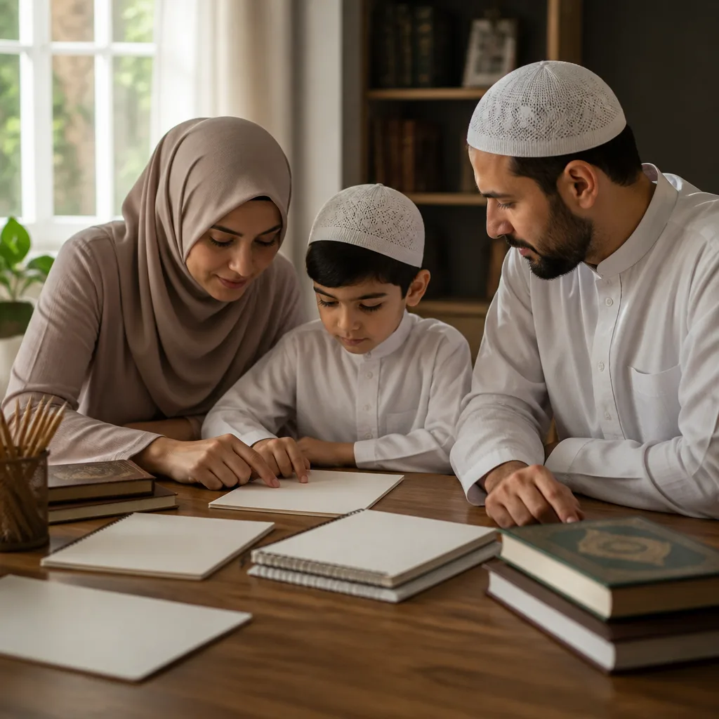 Family reviewing study materials in a calm home setting