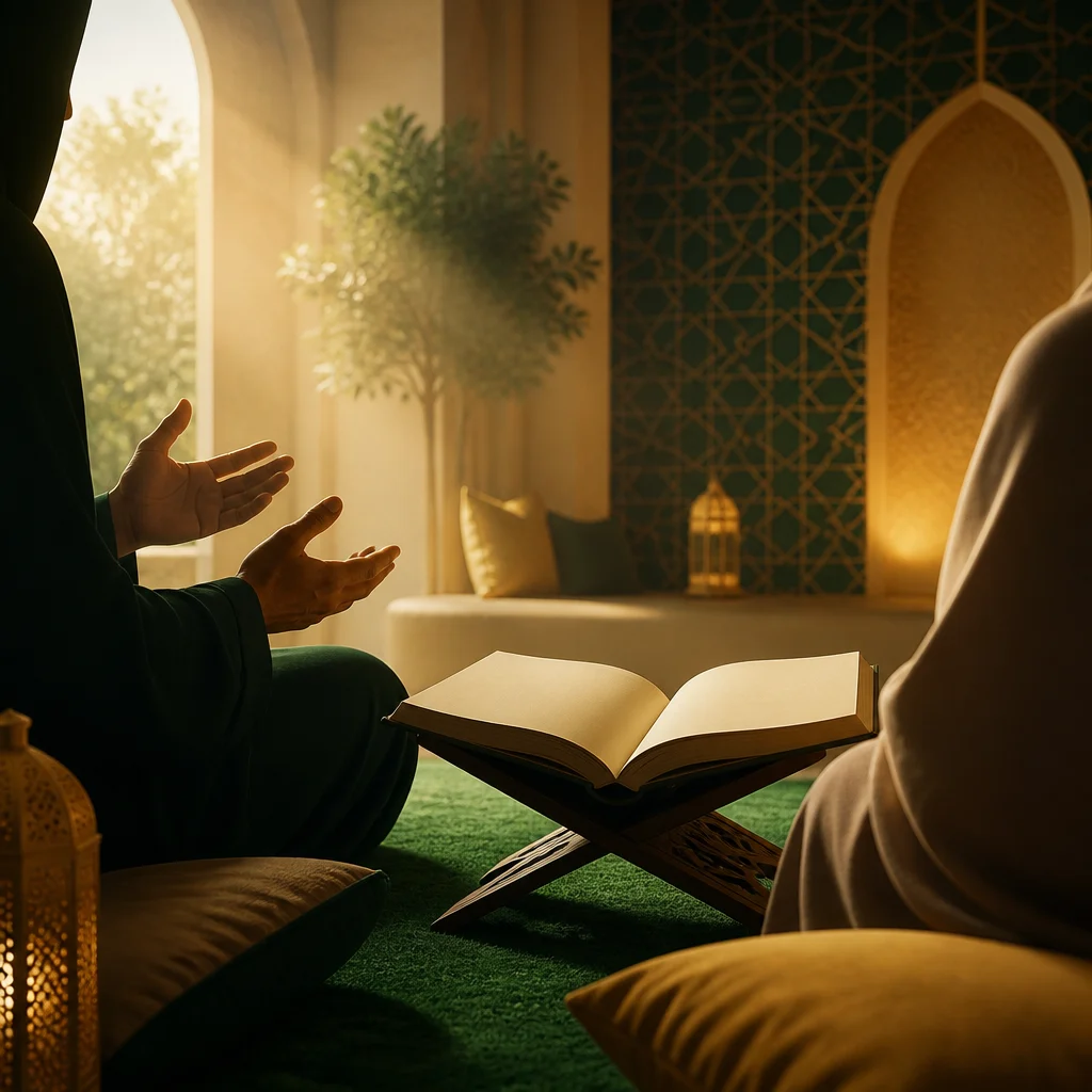 A softly lit welcoming community learning scene with hands gesturing over an open book, symbolizing support for new Muslims learning the Quran at AMCC.