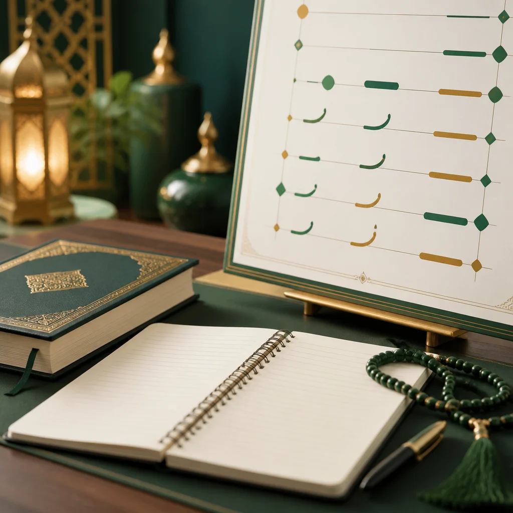 A tidy study desk with prayer beads and a notebook marked only with non-text guidance strokes, illustrating tajweed and Quran learning.