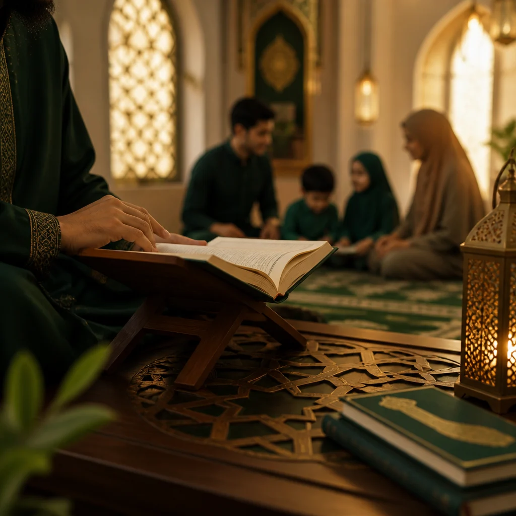 A warm community reading space with an open book on a table, soft golden lighting, and subtle Islamic geometric patterns symbolizing family Quran learning at AMCC.