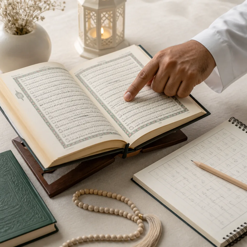A teacher guiding Quran recitation practice with supportive learning materials