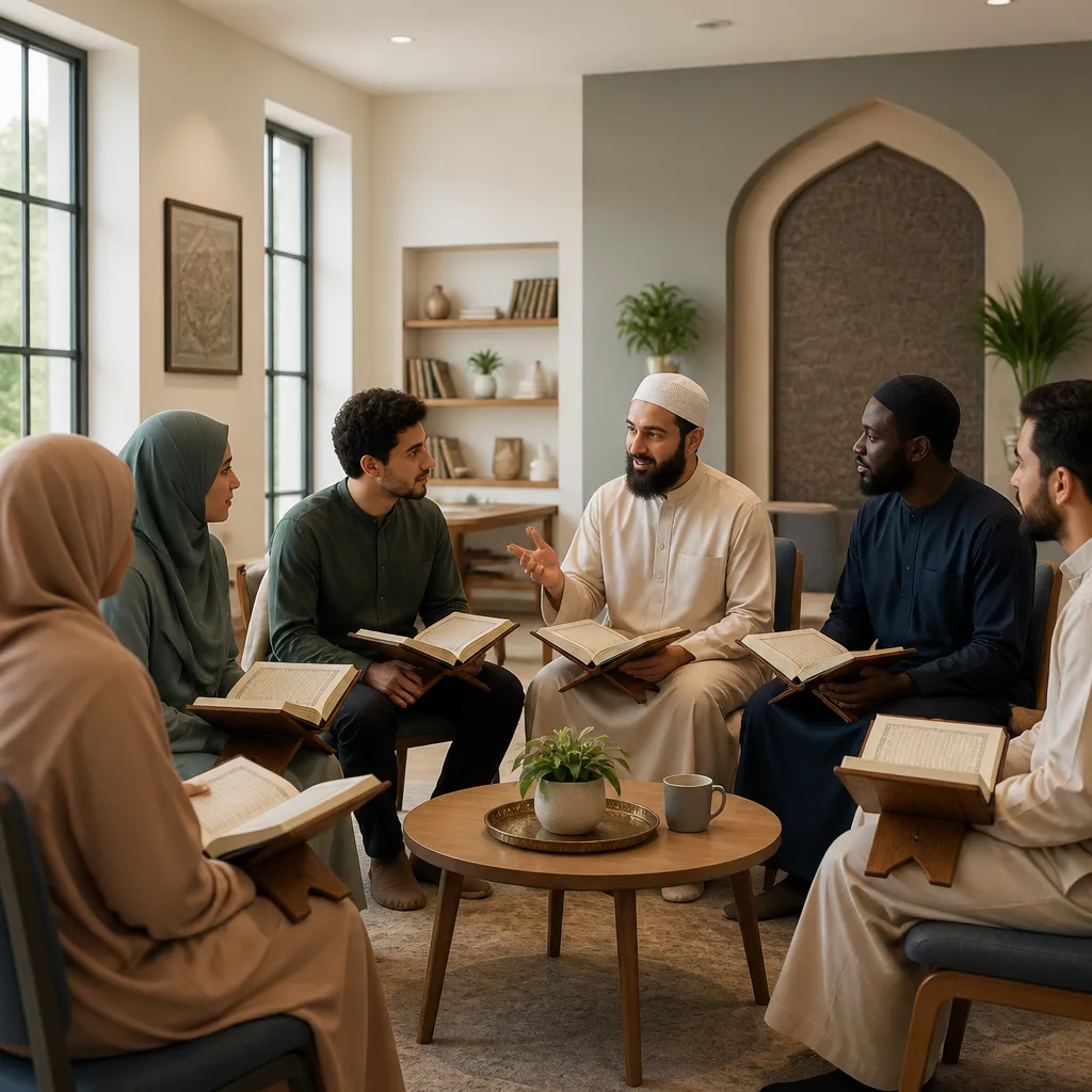 Adults learning Quran together with a teacher in a welcoming community space
