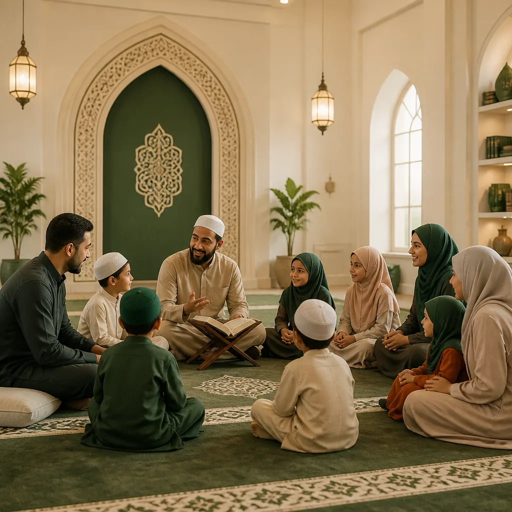 Families and youth gathering in a welcoming masjid community learning space