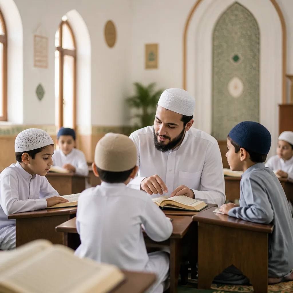 Children and teacher learning Quran recitation in a calm community classroom at AMCC